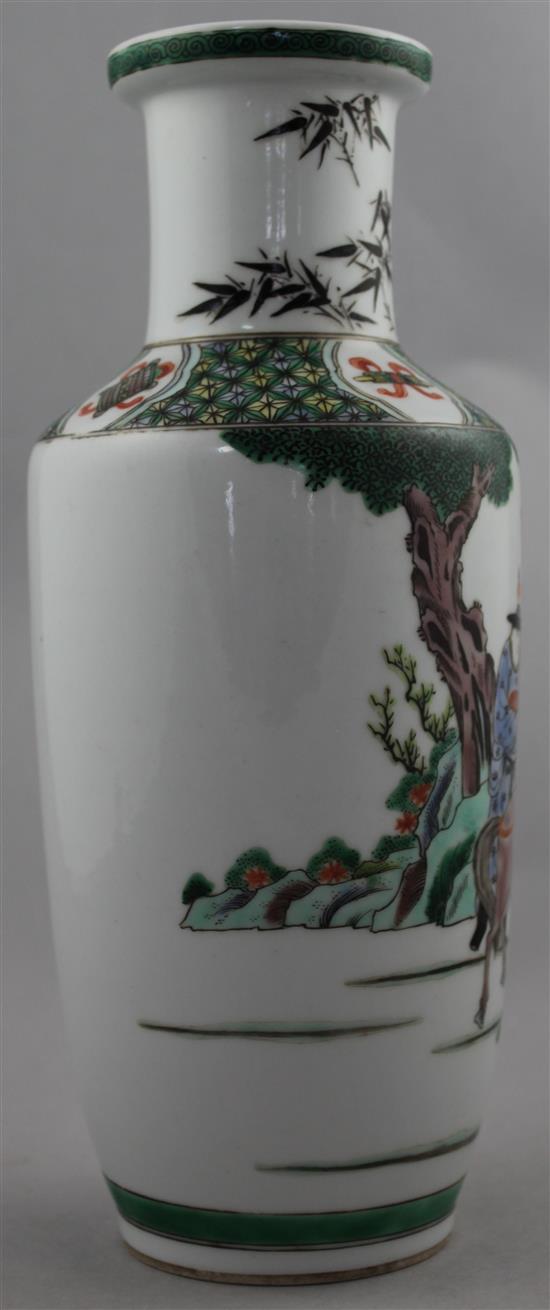 A Chinese famille verte rouleau vase, 29.5cm